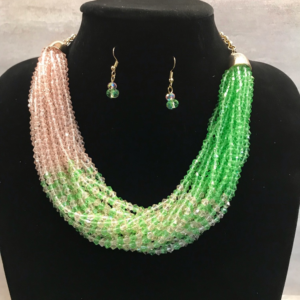 Elegant Pink and Green Beaded Necklace Set